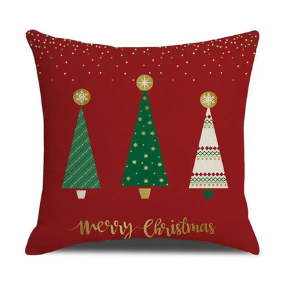 Red decorbites christmas deer linen cushion cover with three stylized festive trees and merry christmas script