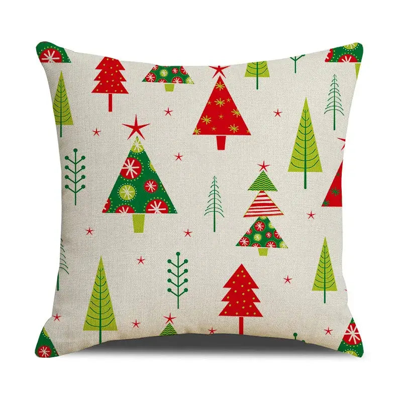 DecorBites christmas deer linen cushion cover with red and green christmas tree pattern on off-white fabric