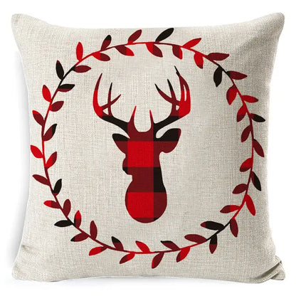 Beige linen pillow cover with red and black plaid christmas deer and wreath design by decorbites christmas deer