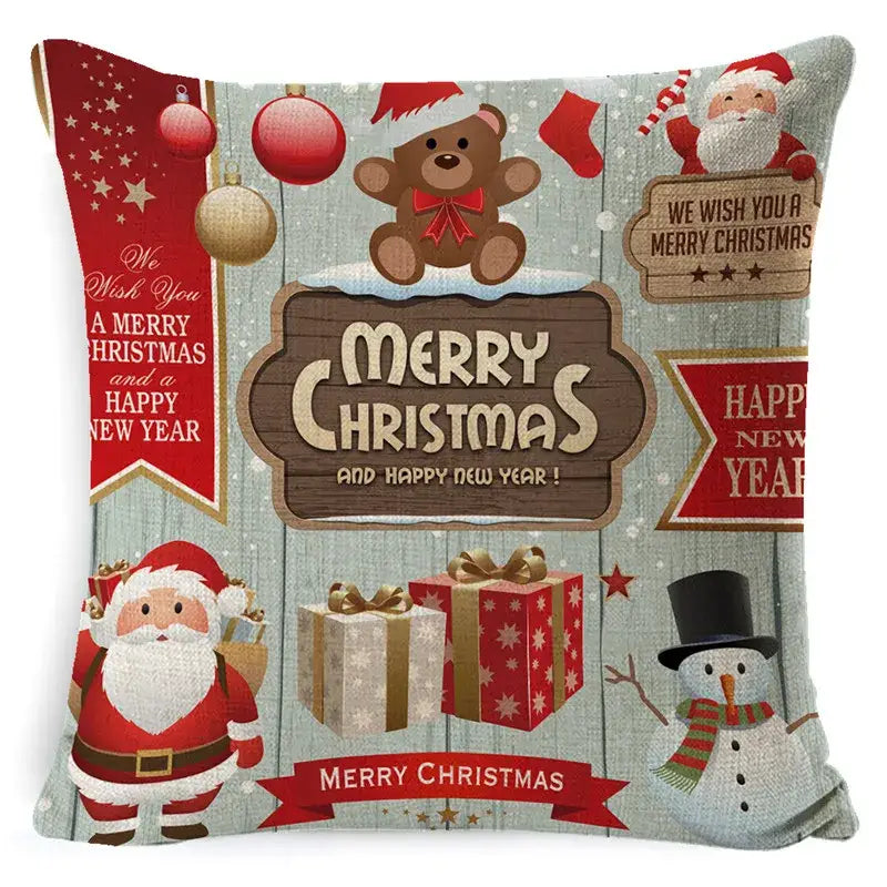 Decorbites christmas deer pillow cover 45x45cm linen with santa teddy bear gift snowman on rustic wooden background