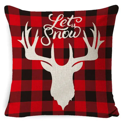 Decorbites christmas deer pillow cover in red and black plaid with white deer head and let it snow text for sofa decor