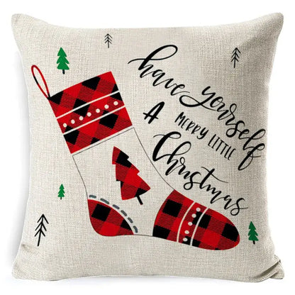 Beige linen pillow cover with red and black plaid christmas stocking design and christmas deer by decorbites christmas deer