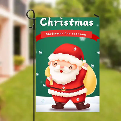 Festive green decorbites christmas deer garden flag with cheerful santa in red and white carrying yellow sack for outdoor use