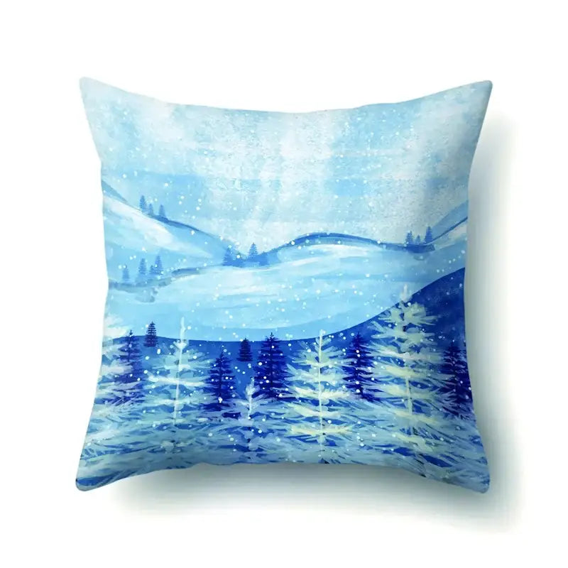 Blue watercolor style winter landscape pillow case with snow covered hills and evergreen trees by decorbites christmas deer