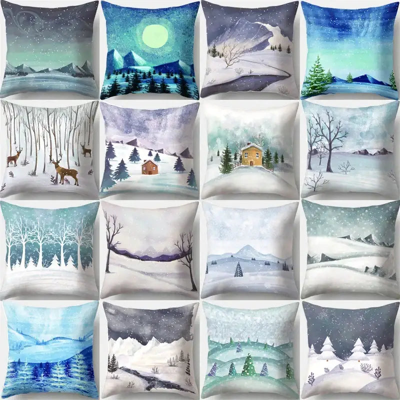 A collection of twelve decorbites christmas deer pillow cases with winter landscapes in soft blues whites and muted greens
