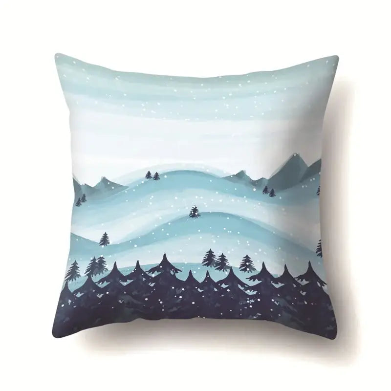 Decorbites christmas deer pillow case with teal and navy blue mountain landscape and snow-dusted evergreen trees