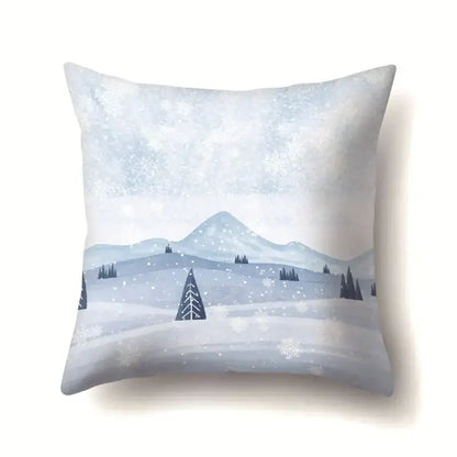 A decorbites christmas deer pillow case featuring a winter landscape with snow-covered mountains and pine trees