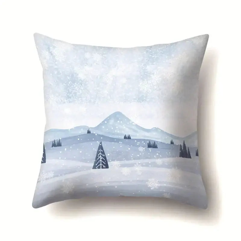 A decorbites christmas deer pillow case featuring a winter landscape with snow-covered mountains and pine trees