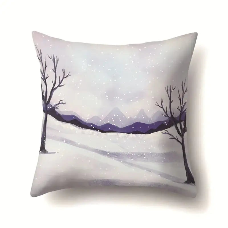 DecorBites Christmas deer pillow case with watercolor winter landscape featuring purple mountains and snow-covered trees