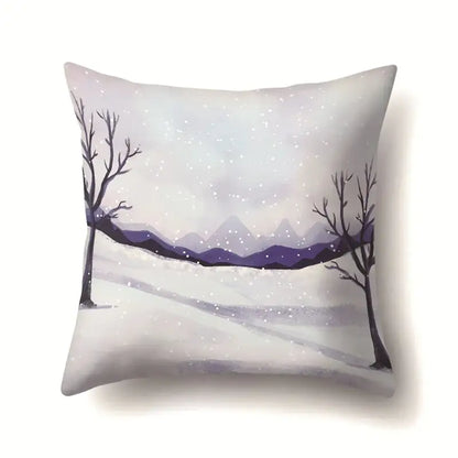 DecorBites Christmas deer pillow case with watercolor winter landscape featuring purple mountains and snow-covered trees