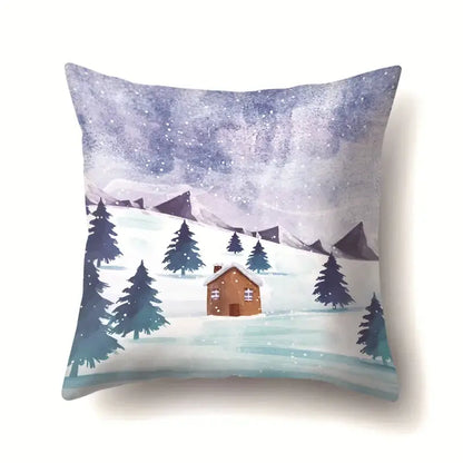 Square pillow case featuring decorbites christmas deer snow design with cozy brown house and snowy mountain scene