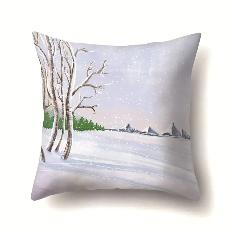 Decorbites christmas deer pillow case featuring a watercolor winter landscape with snow-covered trees and lavender sky