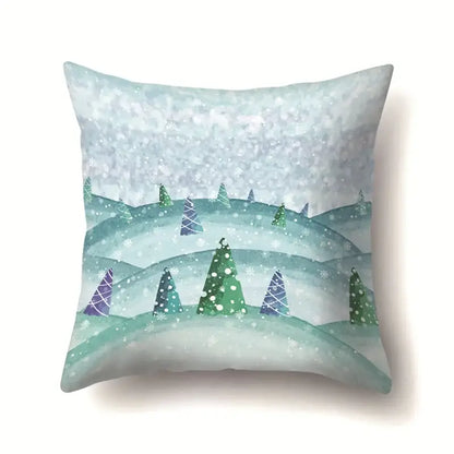 Square pillow case by decorbites christmas deer featuring a watercolor winter landscape with snow-covered hills and pine trees