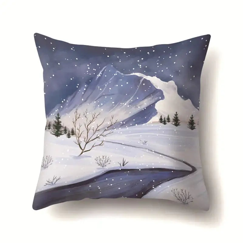 Square pillow case by decorbites christmas deer featuring a serene winter landscape with snow-covered mountains and trees