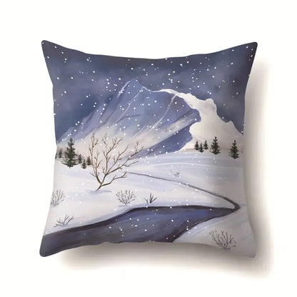 Square pillow case by DecorBites Christmas Deer featuring a winter landscape with snow-covered mountains and falling stars