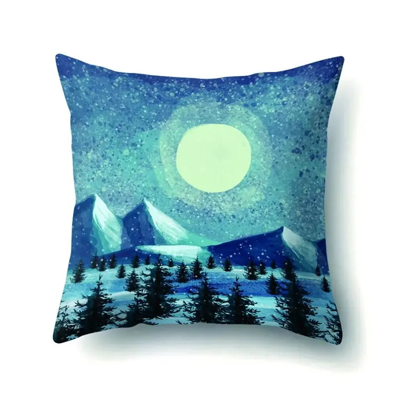 Square pillow case featuring decorbites christmas deer snow design with snow-capped mountains and glowing moon