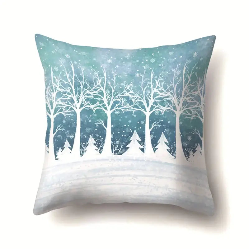 A square pillow case from decorbites christmas deer featuring white tree silhouettes and snowflakes on teal background