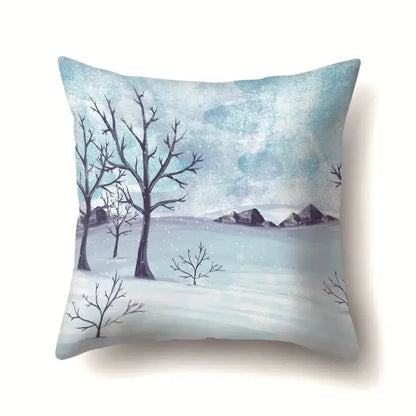 Square pillow case featuring a decorbites christmas deer design with serene winter landscape and snow-covered mountains