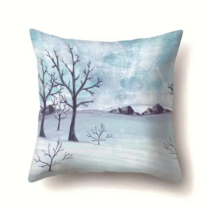 Square pillow case featuring a decorbites christmas deer design with serene winter landscape and snow-covered mountains