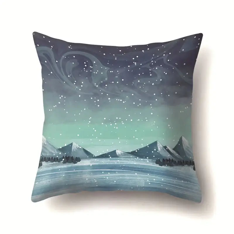 Square pillow case by DecorBites Christmas deer featuring a teal and blue winter landscape with snow and aurora sky