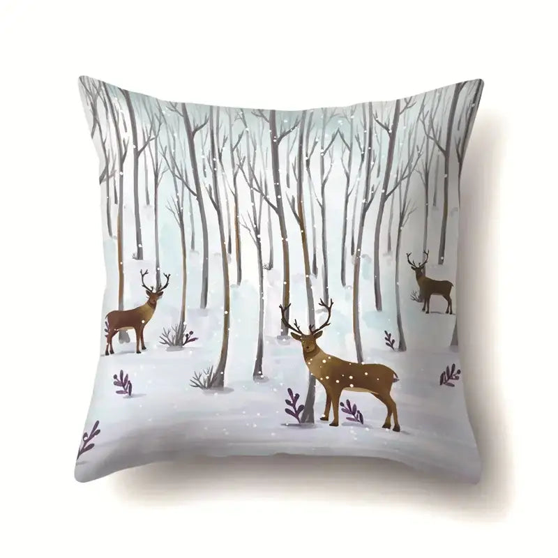 Square pillow case from DecorBites Christmas Deer featuring a winter forest scene with brown deer on light gray fabric