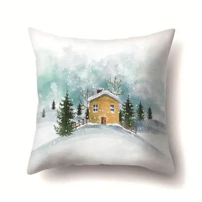 White throw pillow case featuring a decorbites christmas deer snow design with a cozy yellow house in a snowy landscape