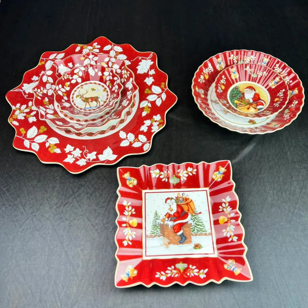 Set of three red ceramic christmas dinnerware set dishes with white floral holiday illustrations by decorbites christmas dinnerware