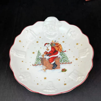 White ceramic christmas plate with raised santa and embossed chimney scene from decorbites christmas dinnerware set