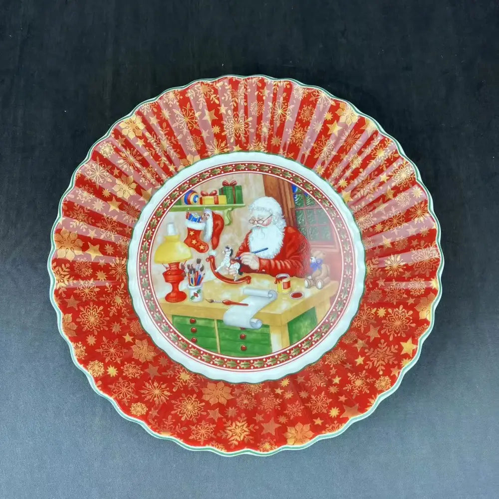 Red and gold snowflake ceramic plate with santa claus at workshop from decorbites christmas dinnerware set