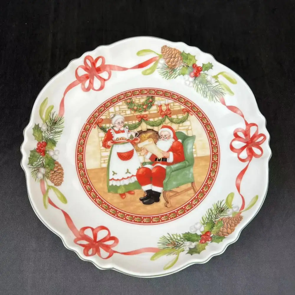 White ceramic christmas plate featuring santa claus and mrs in decorbites christmas dinnerware set collection