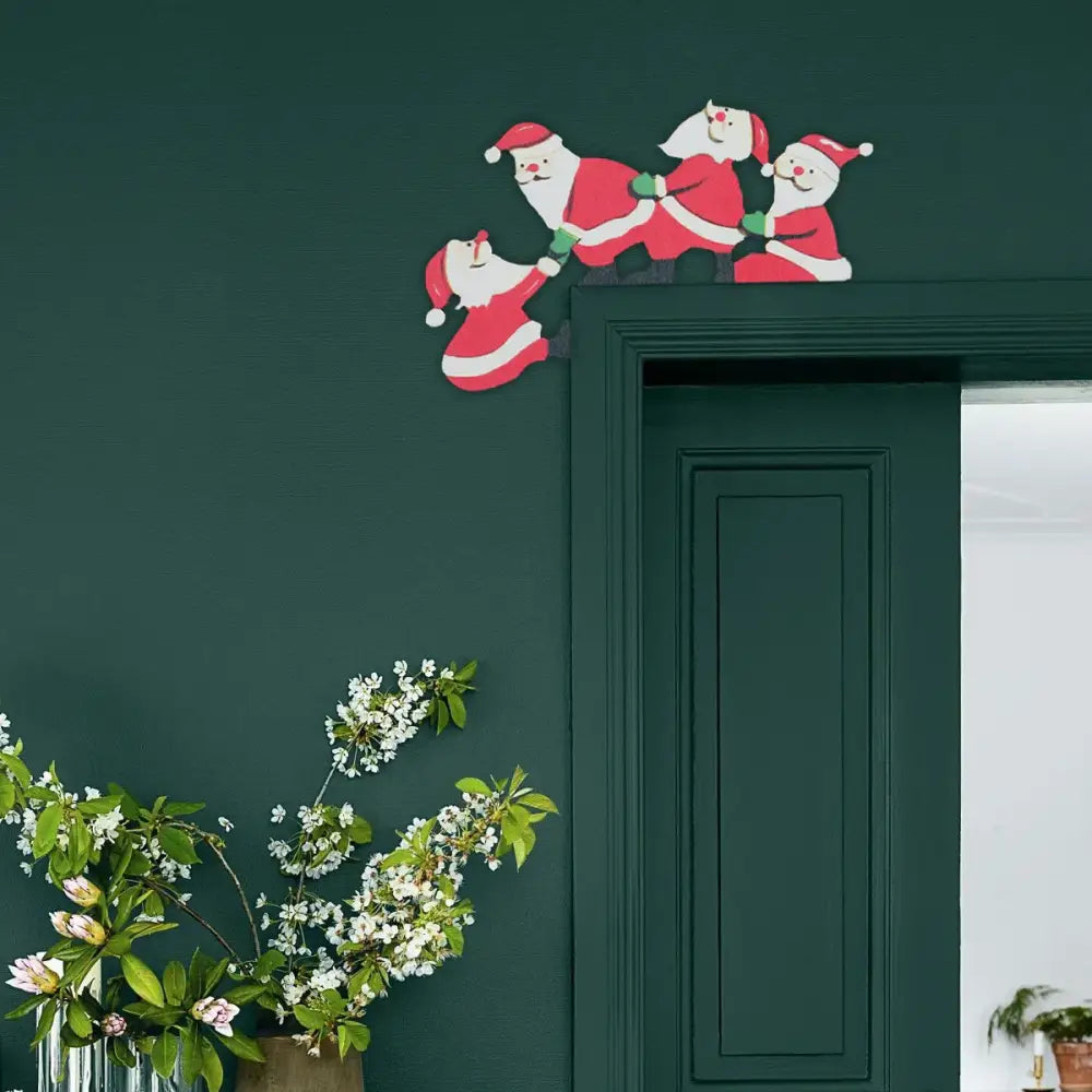 Red and white santa claus wall decal with three festive figures for decorbites christmas door frame decor set use