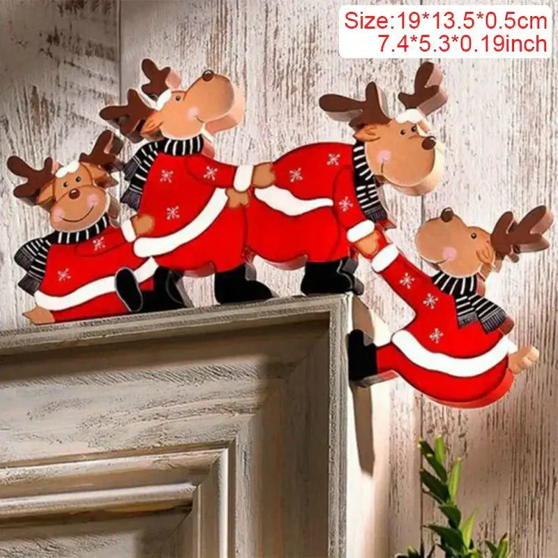 Decorbites christmas door frame decor featuring red and white wooden reindeer with black and white striped scarves