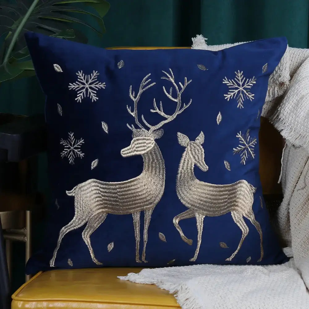 Deep blue velvet cushion cover with silver and metallic thread christmas elk embroidered design by decorbites christmas elk