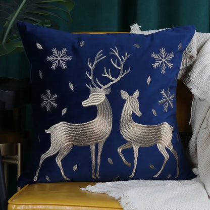 Deep blue velvet cushion cover with silver and metallic thread christmas elk embroidered design by decorbites christmas elk