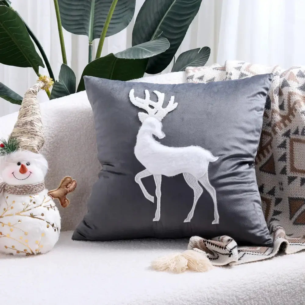 Gray velvet pillow cover with white embroidered christmas elk design from decorbites christmas elk collection 45x45cm