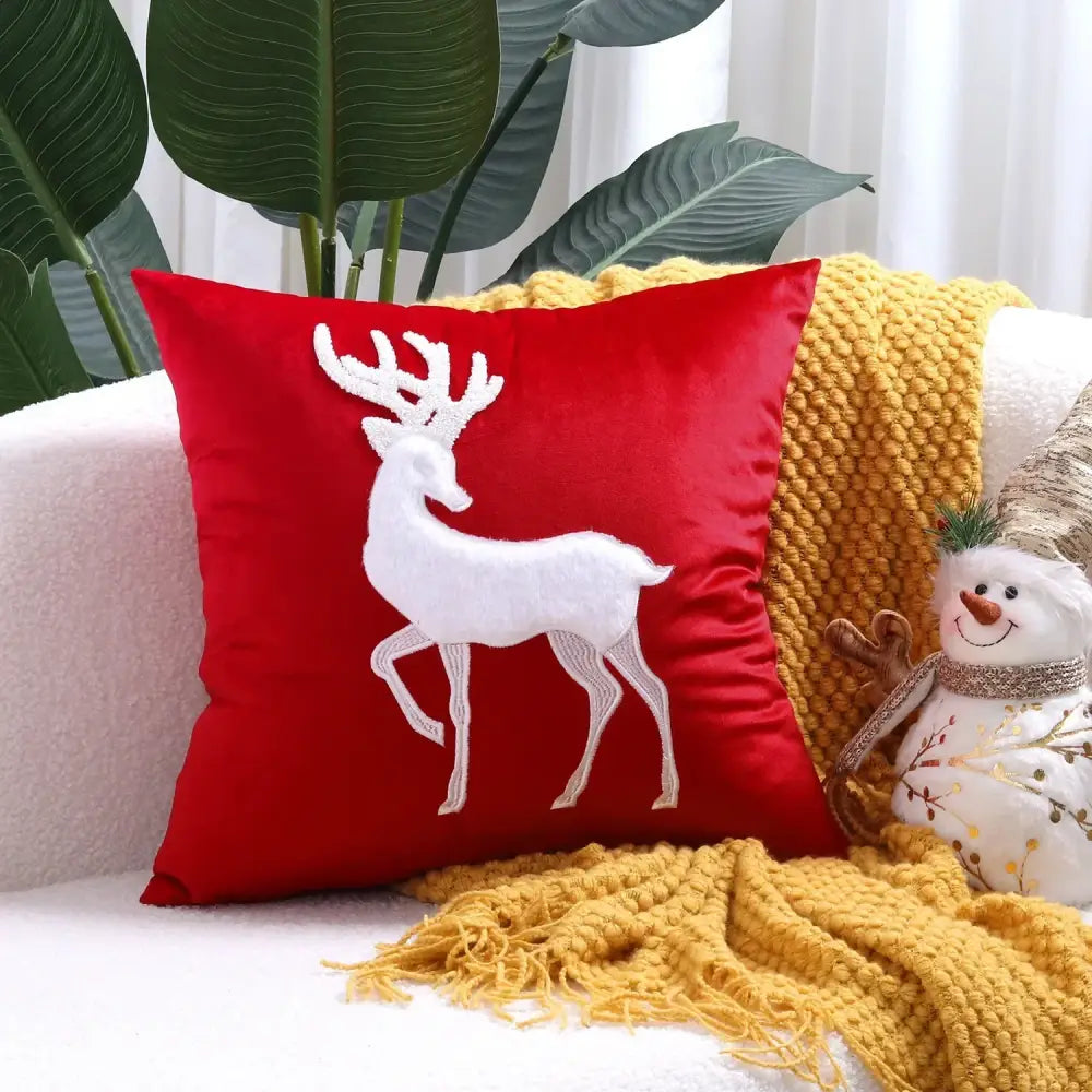 Red velvet pillow cover with white embroidered christmas elk design from decorbites festive cushion 45x45cm