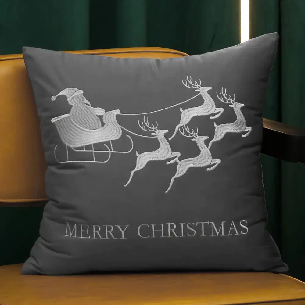 Gray decorbites christmas elk pillow cover with embroidered santa sleigh and merry christmas stitching, 45x45cm festive design