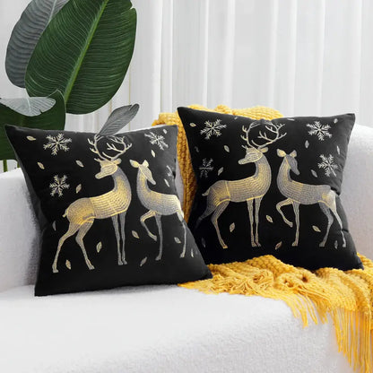 Black velvet pillow covers with embroidered gold and silver deer and snowflake patterns decorbites christmas elk design