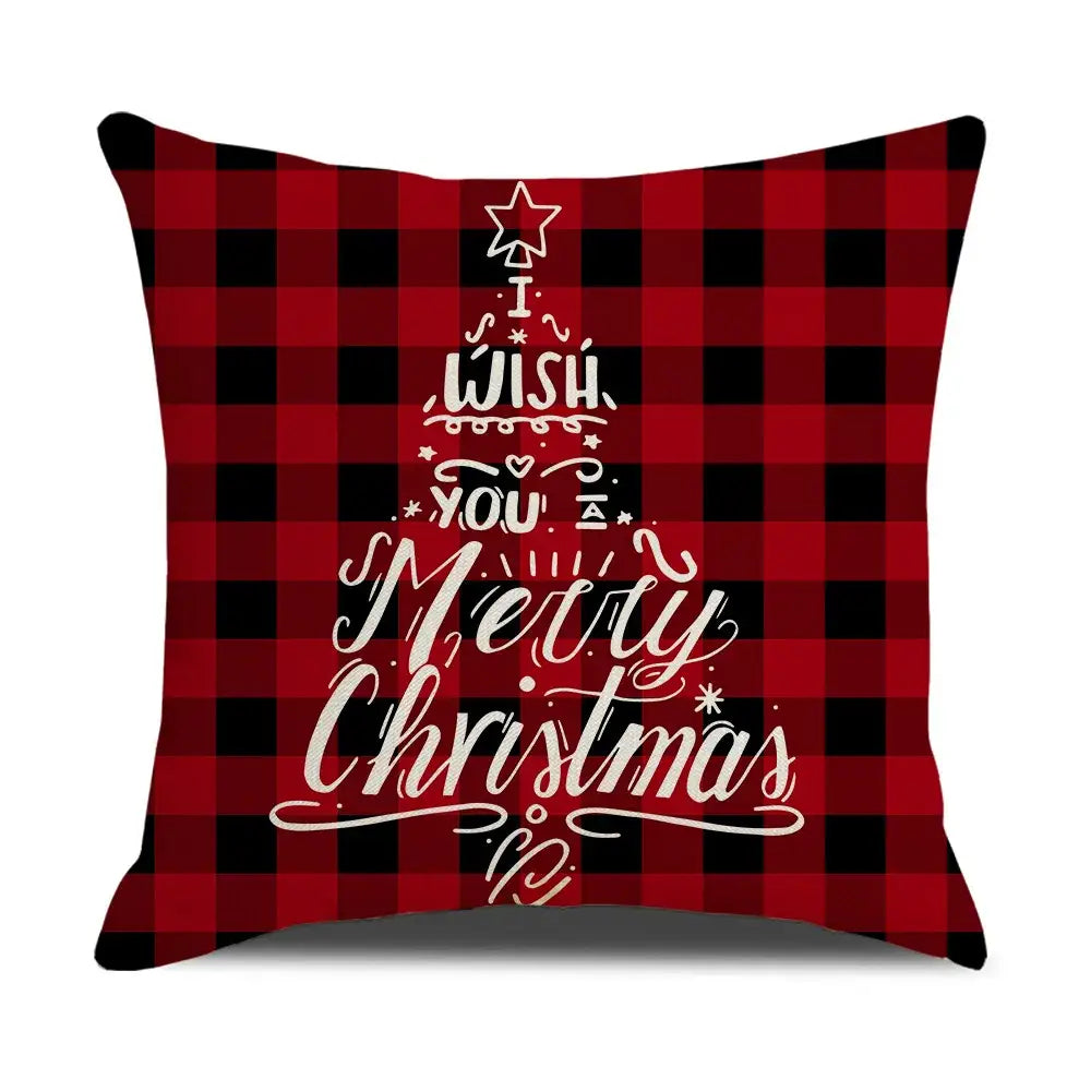 Red and black plaid throw pillow with white cursive i wish you merry christmas design decorbites christmas elk letter
