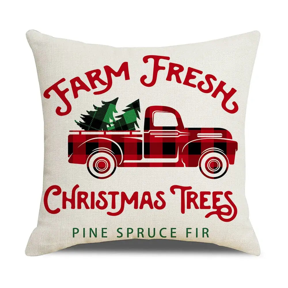 Cream-colored decorbites christmas elk letter pillowcase 45x45cm with red black plaid truck and farm fresh christmas trees print