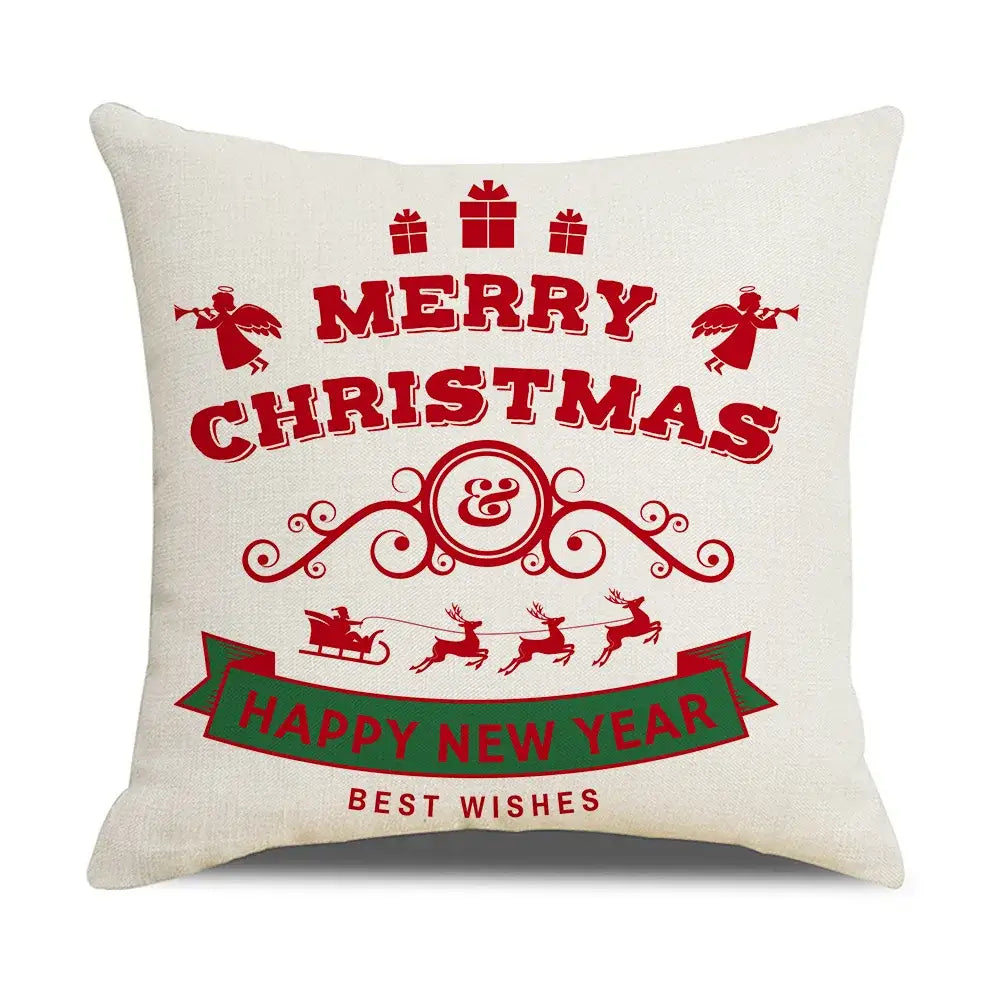 Cream-colored linen throw pillow with festive red green elk letter design and merry christmas happy new year text by DecorBites christmas elk