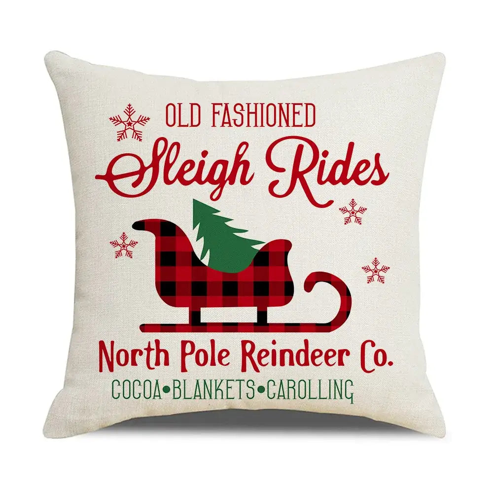 Cream-colored decorbites christmas elk letter pillowcase 45x45cm with red and black plaid sleigh and snowflake design