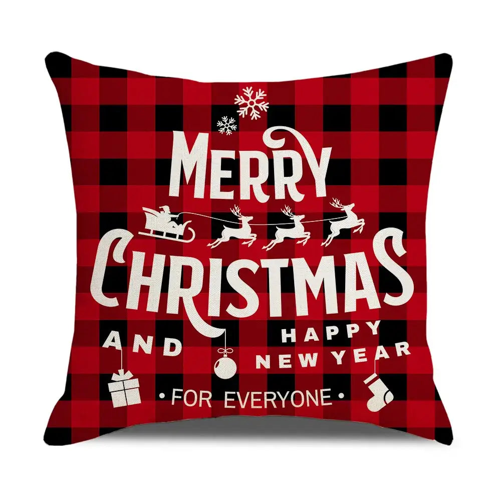 Red and black plaid christmas elk letter throw pillowcase by decorbites featuring festive icons and holiday greetings