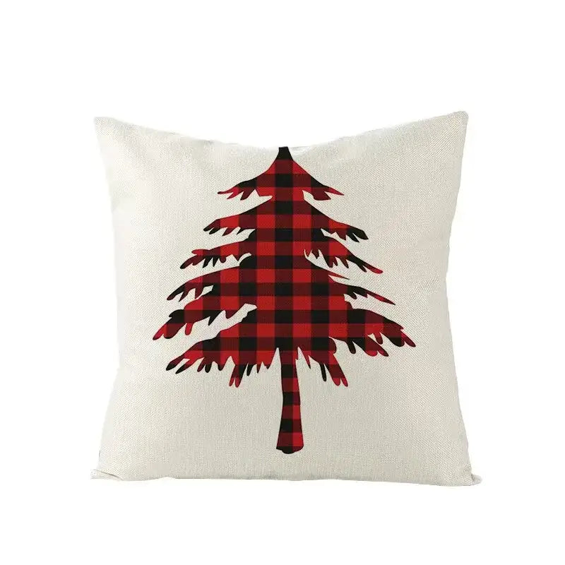 Cream-colored decorbites christmas elk letter pillowcase with red and black plaid pine tree design 45x45cm for living room