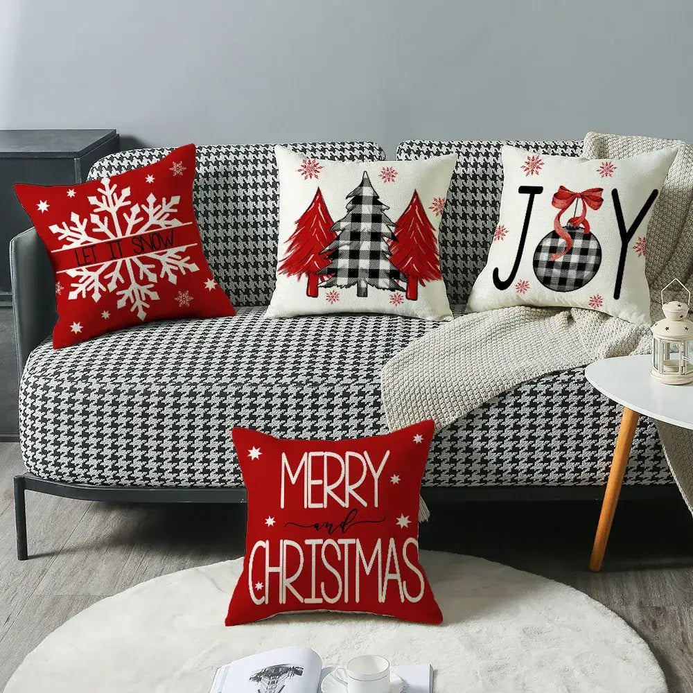 Red christmas throw pillow with white embroidered merry and christmas text and snowflakes by decorbites christmas elk letter
