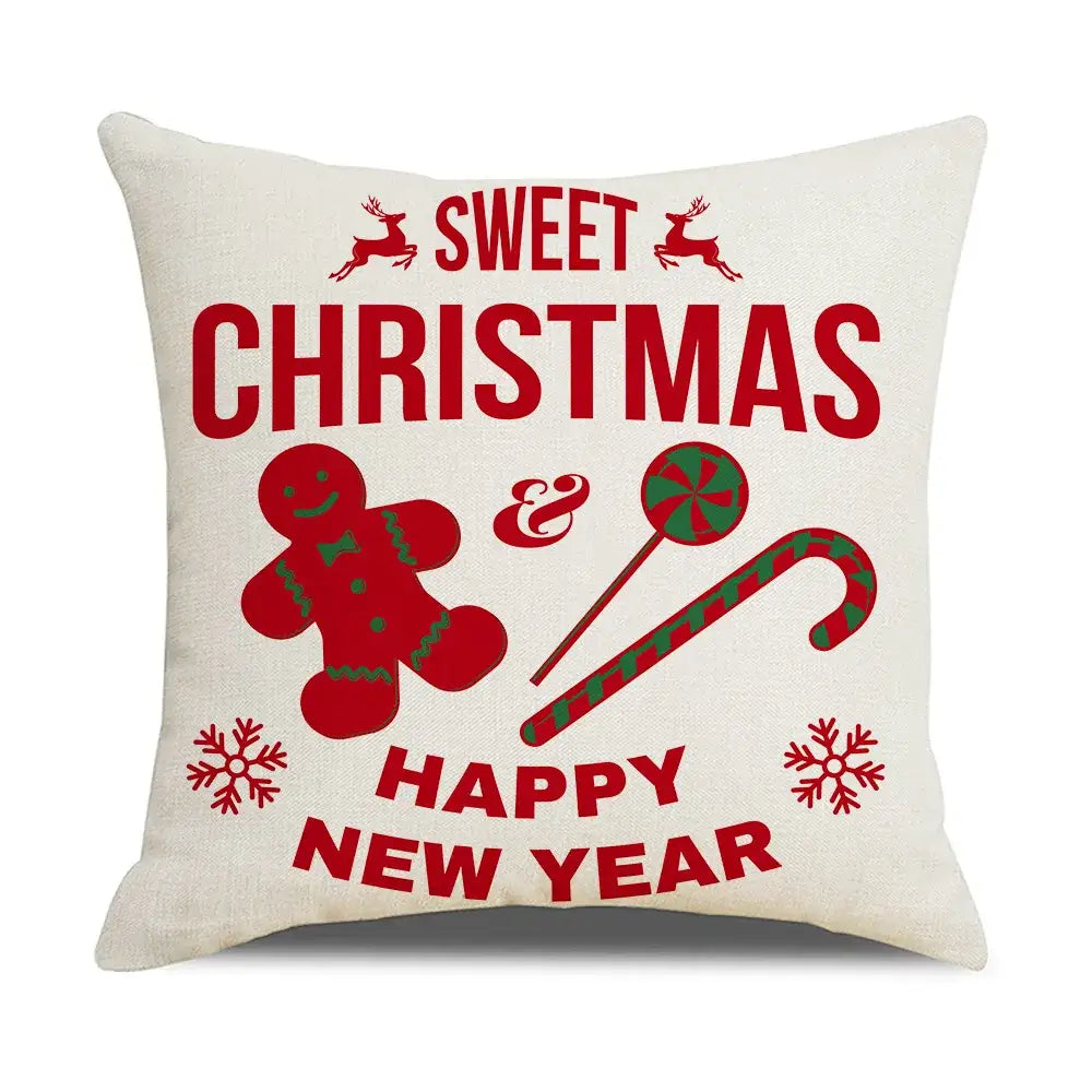 Cream-colored decorbites christmas elk letter pillowcase with festive red and green holiday graphics for living room use