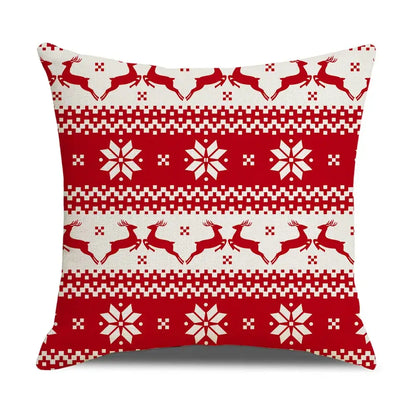 Red and white patterned throw pillow with reindeer and snowflake designs decorbites christmas elk letter pillowcase