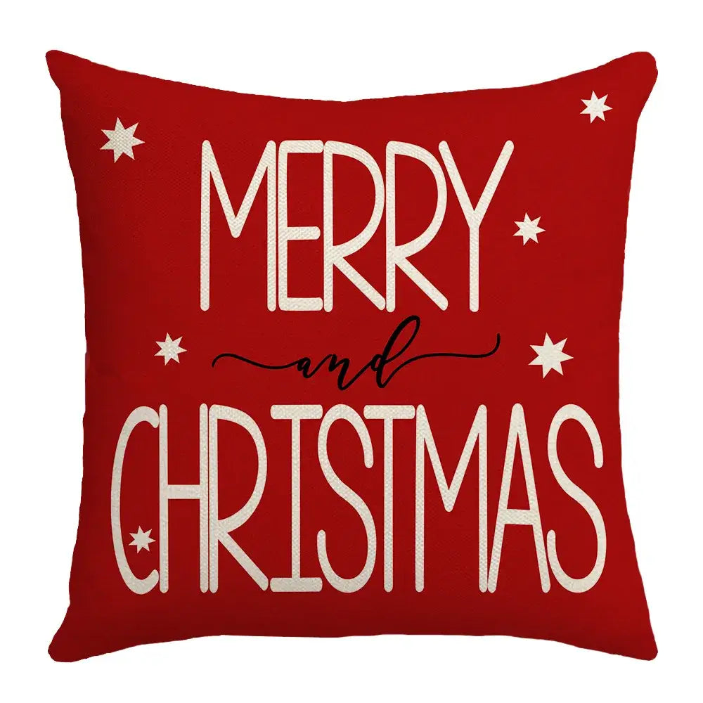 Red square pillowcase with merry and christmas lettering and star accents from decorbites christmas elk letter collection