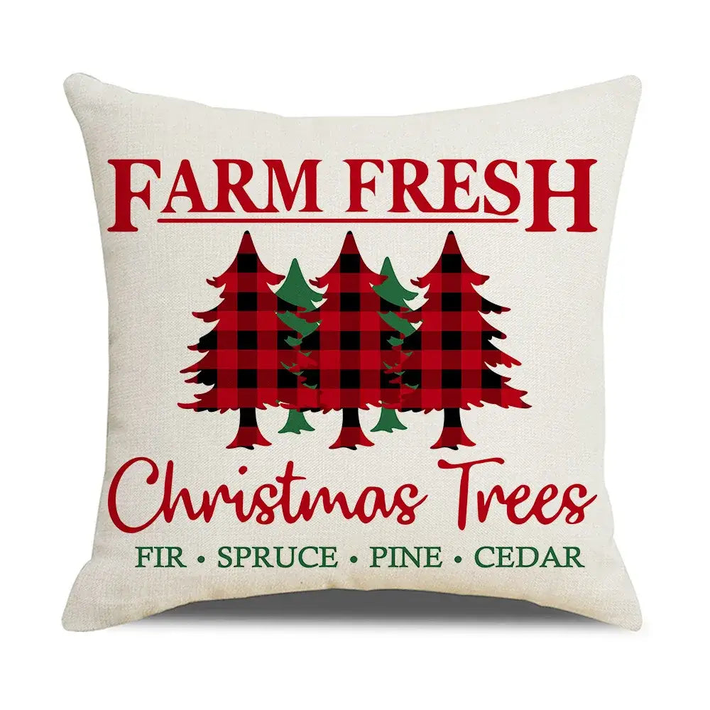 Cream-colored decorbites christmas elk throw pillow featuring red and black plaid christmas tree design 45x45cm