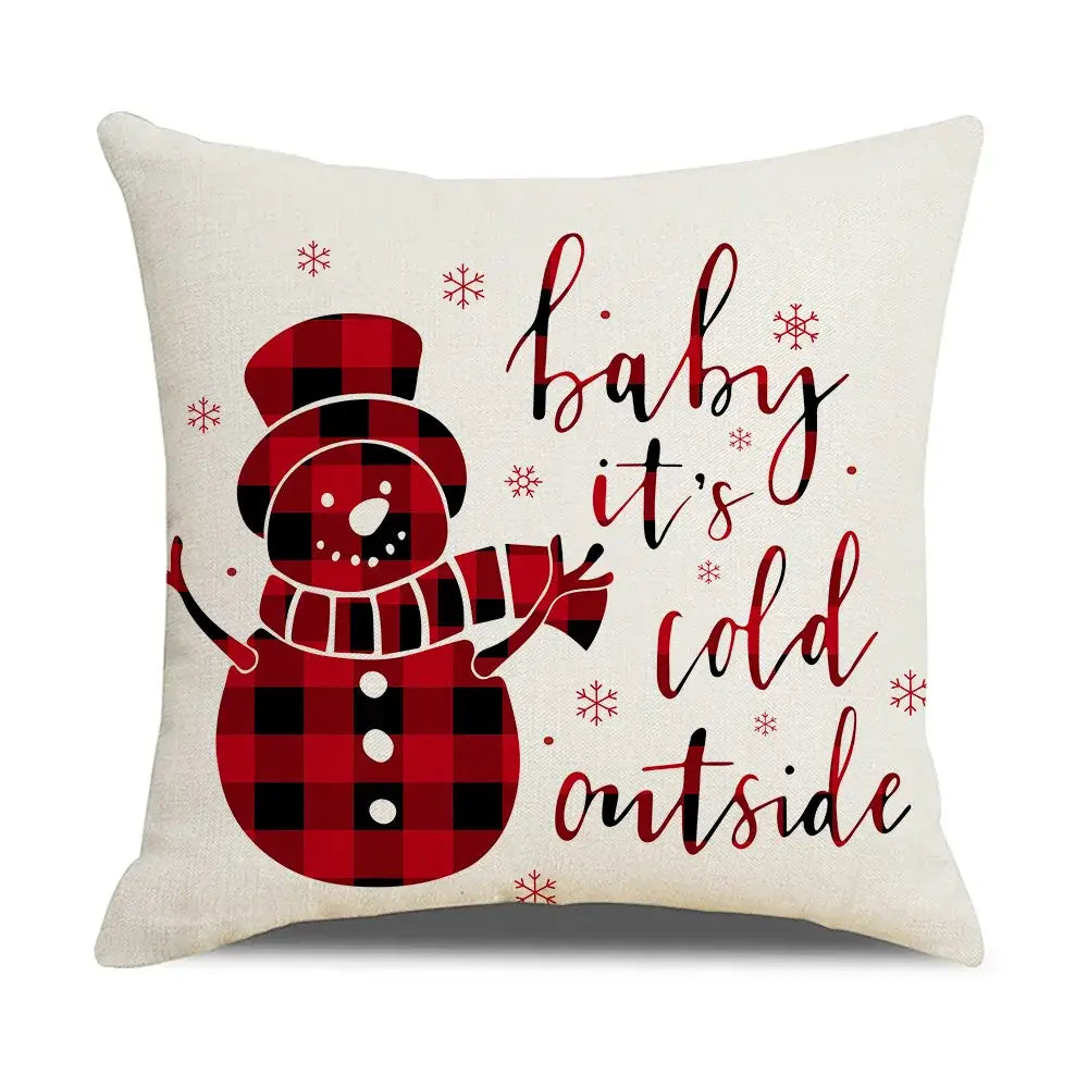 Cream-colored decorbites christmas elk letter pillowcase 45x45cm with red and black plaid snowman and baby it’s cold outside text